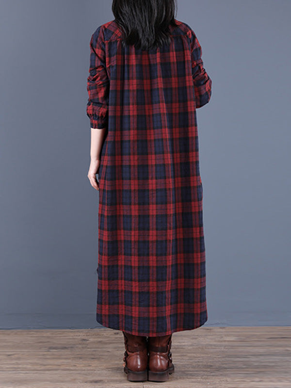 Lapel Plaid Long Sleeves Shirt Dress