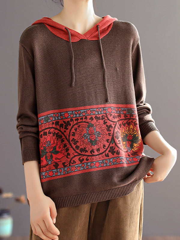 Color Block Print Hooded Sweater