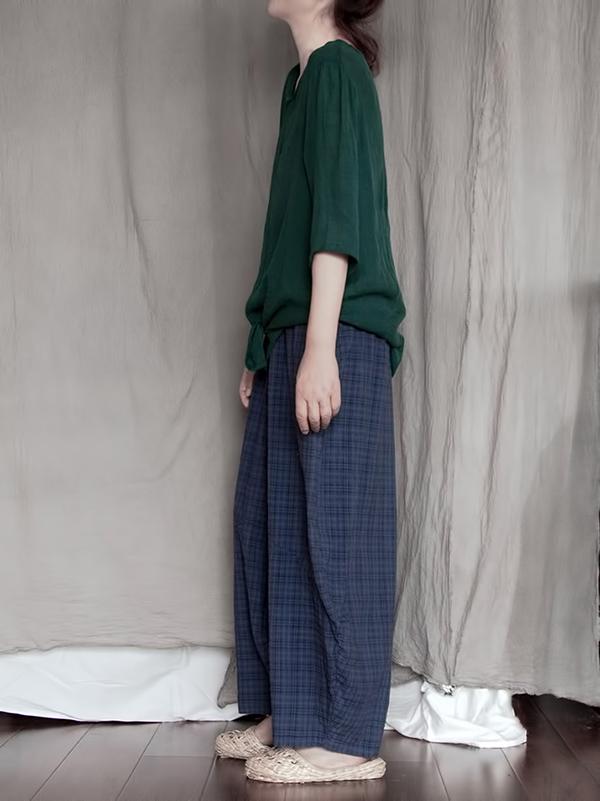 Loose Blue Plaid Comfortable Casual Wide-Leg Pants