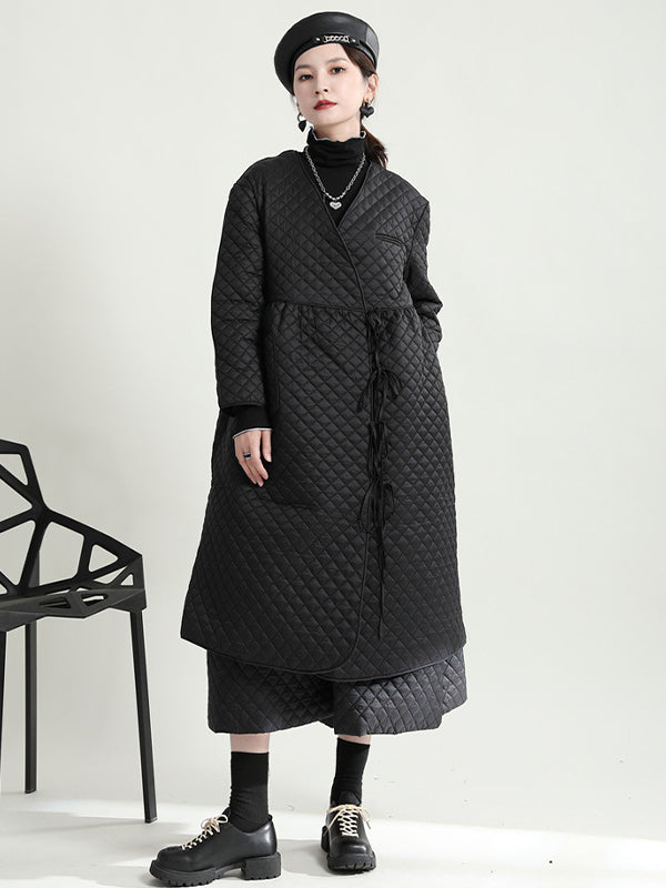 Simple Diamond Lattice Loose Lace-Up Coat