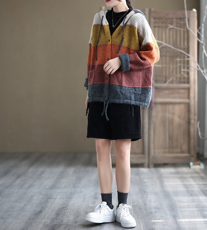 Casual Color Striped Hooded Knit Sweater