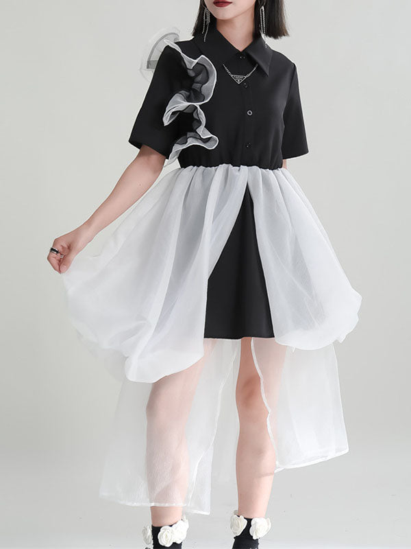 False Two High-Low Gauze Split-Joint Lapel Midi Dresses