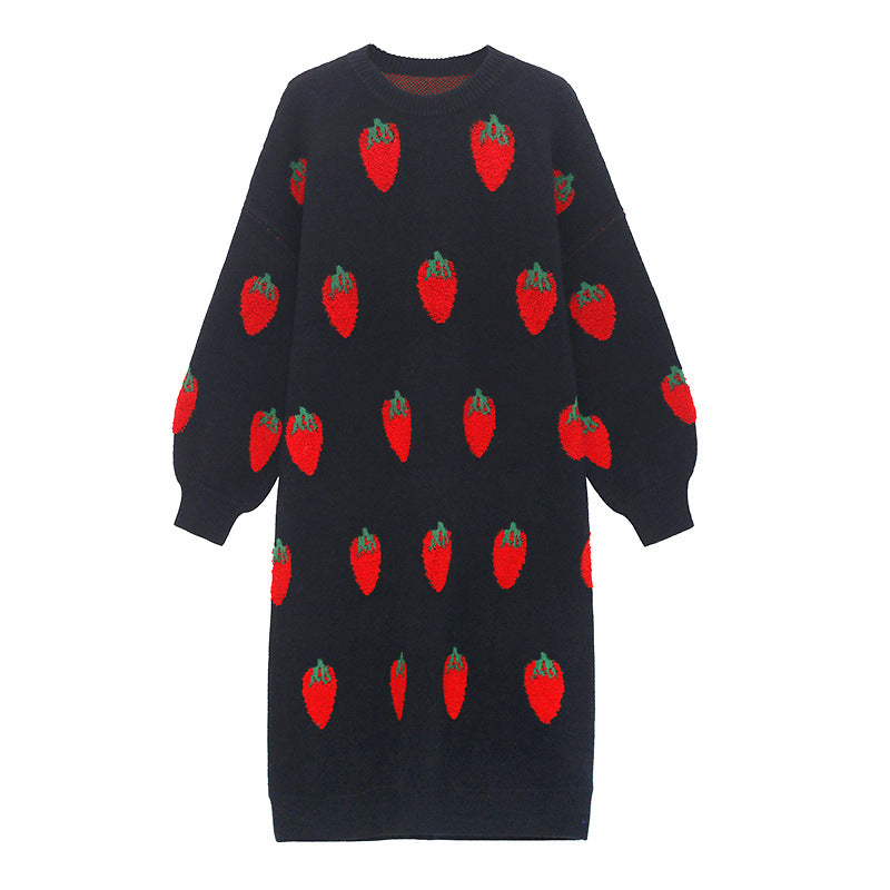 Loose Strawberry Jacquard Knit Midi Dress