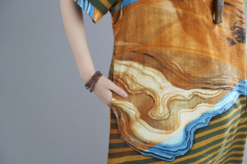 Ethnic Print Loose Round Neck Short Sleeve Dress