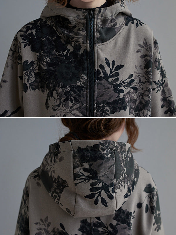 Artistic Retro Loose Floral Printed Hooded Long Sleeves Outwear