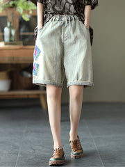 Retro Patch Embroidered All Match Wide Leg Shorts