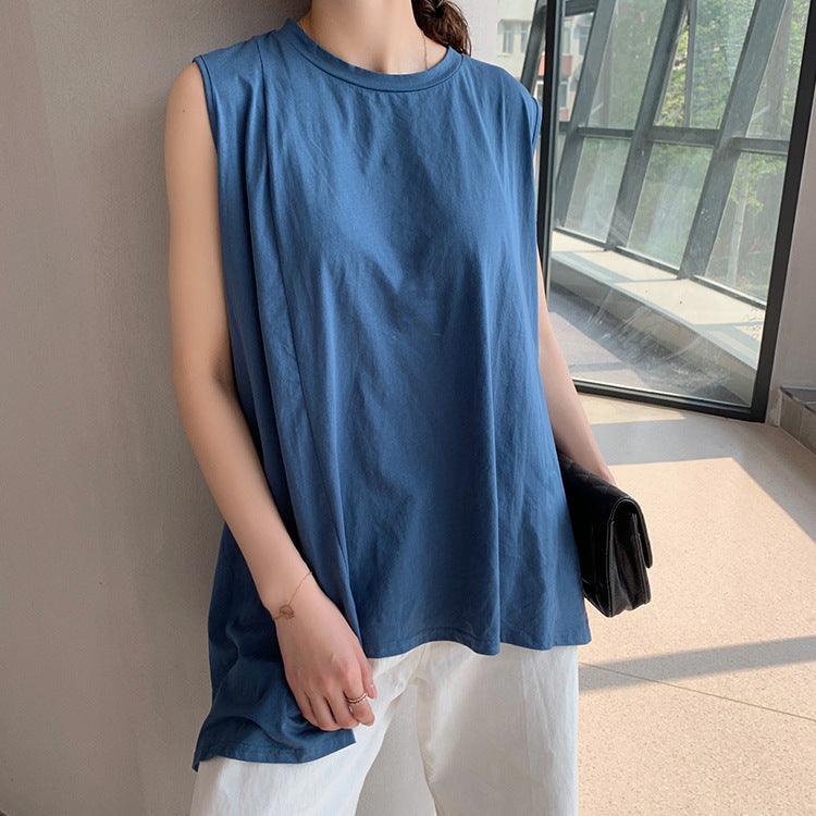 Women Irregular Stitching Round Neck Sleeveless T-Shirt