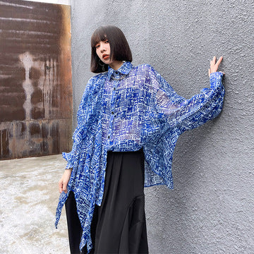 Lapel Look-Through Bat Sleeve Blouses Shirts Top