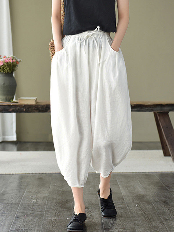 Artistic Retro Drawstring Elasticity Solid Pants