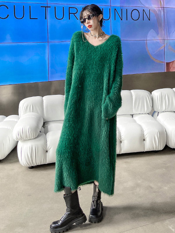 Original Pure Color V-Neck Long Sleeves Sweater Dress