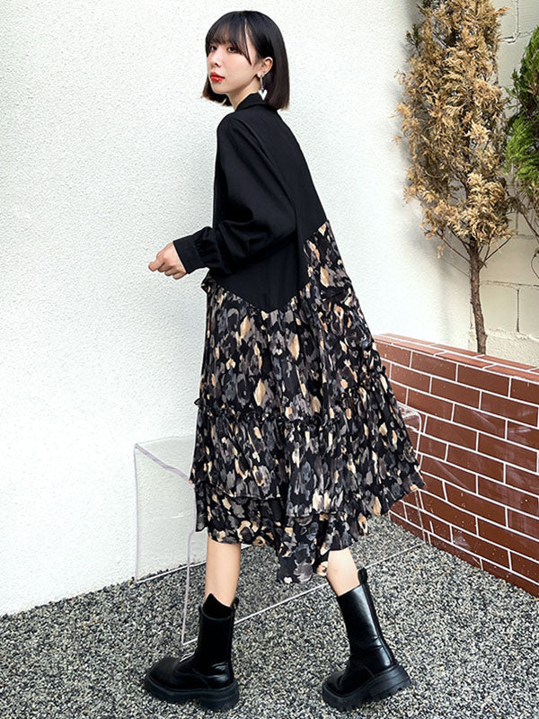 Urban Long Sleeves Floral Stamped Split-Joint A-Line Midi Dress