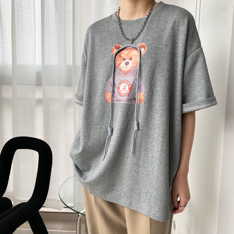 Round Neck Bear Print Short Sleeves T-Shirt Tops