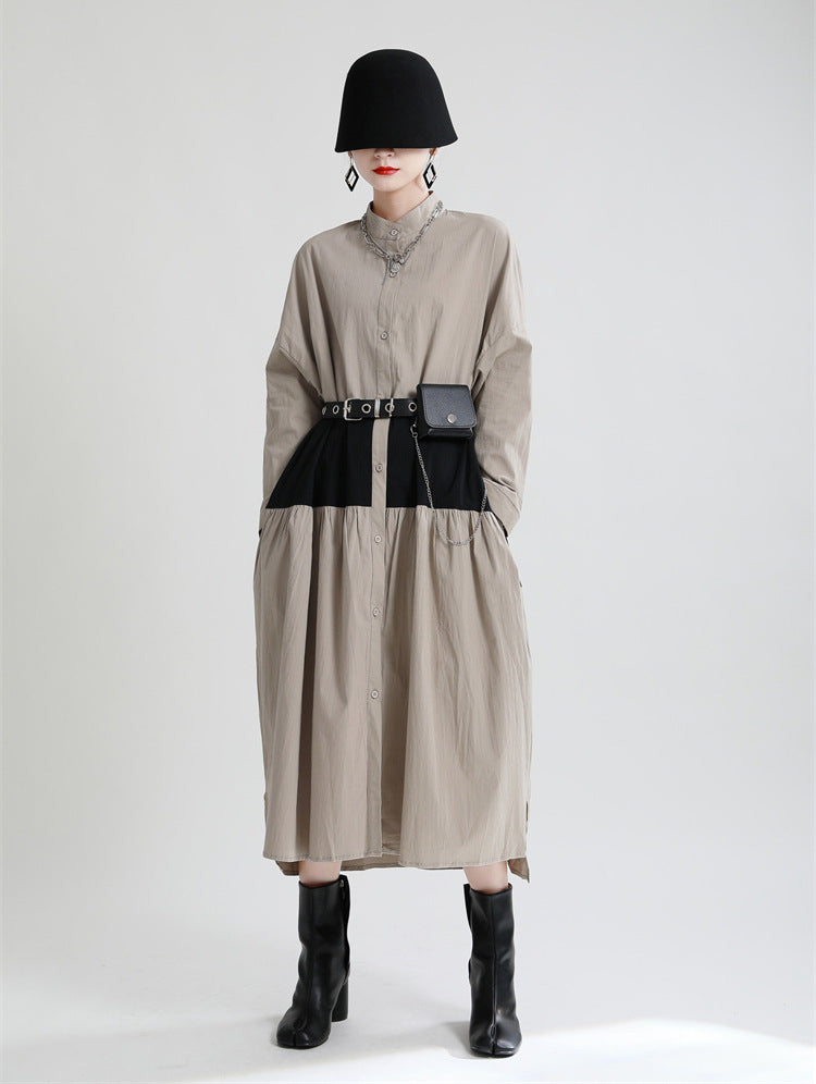 Stitching Contrast Color Loose Big Swing Long Sleeve Dress
