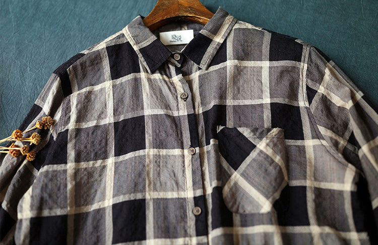 Artistic Splicing Small Pocket Retro Plaid Shirts