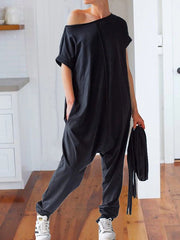 Casual Loose Solid Color Off-The-Shoulder Short Sleeves Jumpsuit