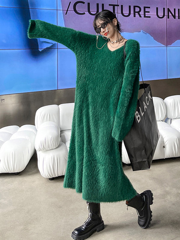 Original Pure Color V-Neck Long Sleeves Sweater Dress