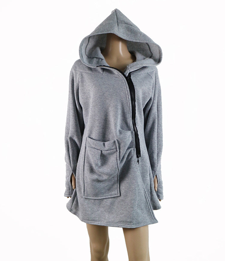 Irregular Hooded Zipper Plus Fleece Sweatshirt