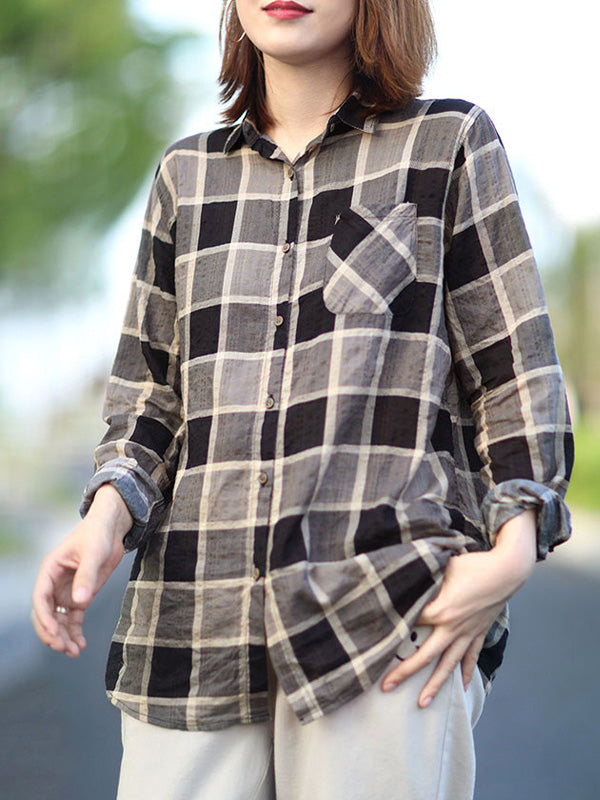 Artistic Splicing Small Pocket Retro Plaid Shirts