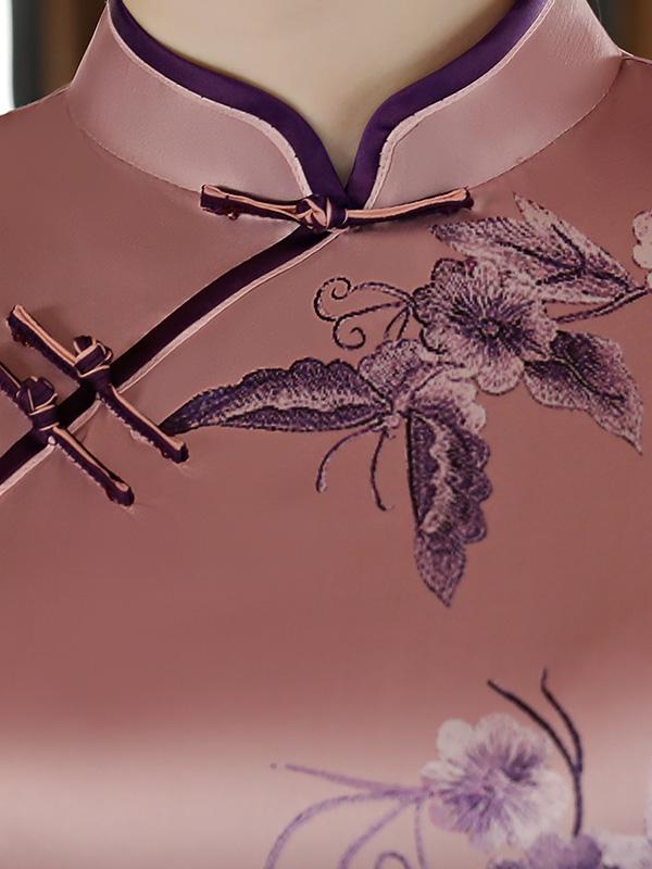 Light Purple Flower Print Stand-collar Long Cheongsam