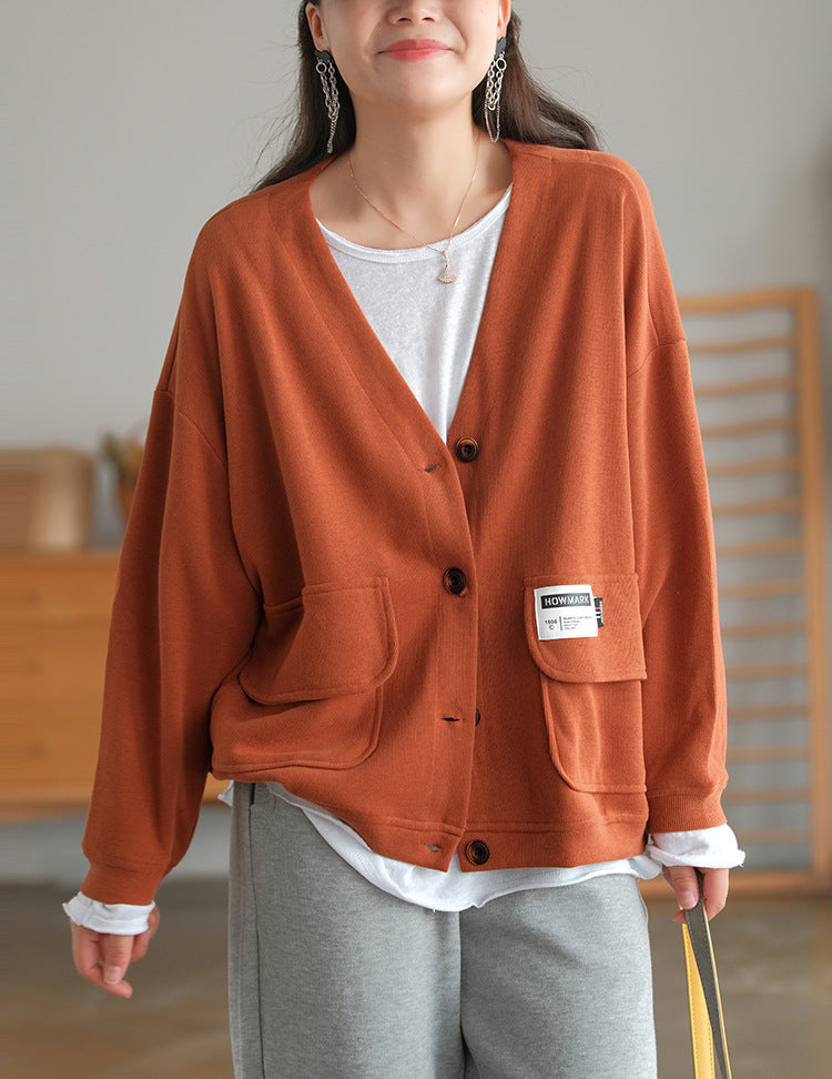 Soft And Comfortable Patch Loose V-Neck Solid Color Outwear