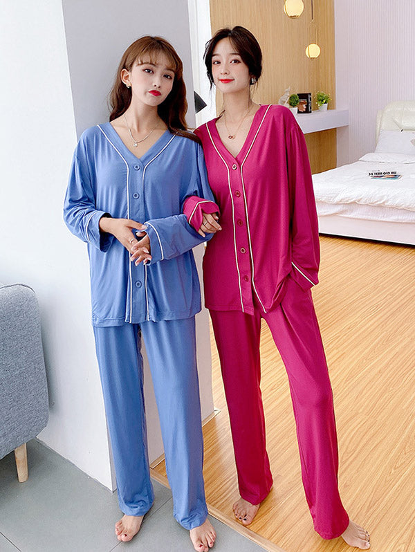 Two Pieces Solid Color Loose Comfort Tops And Pants Pajamas