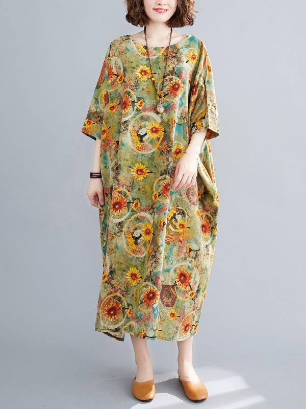 Artistic Retro Floral Round-Neck Dress