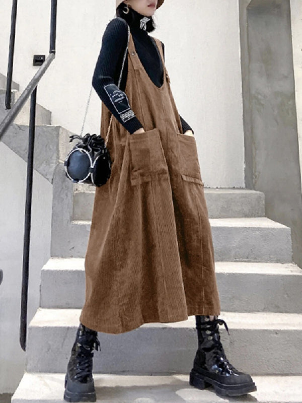 Casual Pure Color Split-Joint Midi Overall Dress