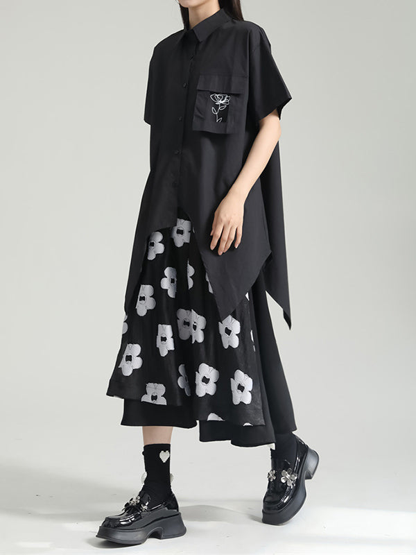 A-Line Roomy Flower-Embellished Contrast Color Split-Joint Skirts Bottoms