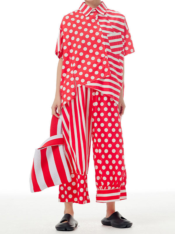 Irregular Clipping Roomy Polka-Dot Split-Joint Striped Lapel Shirts Tops