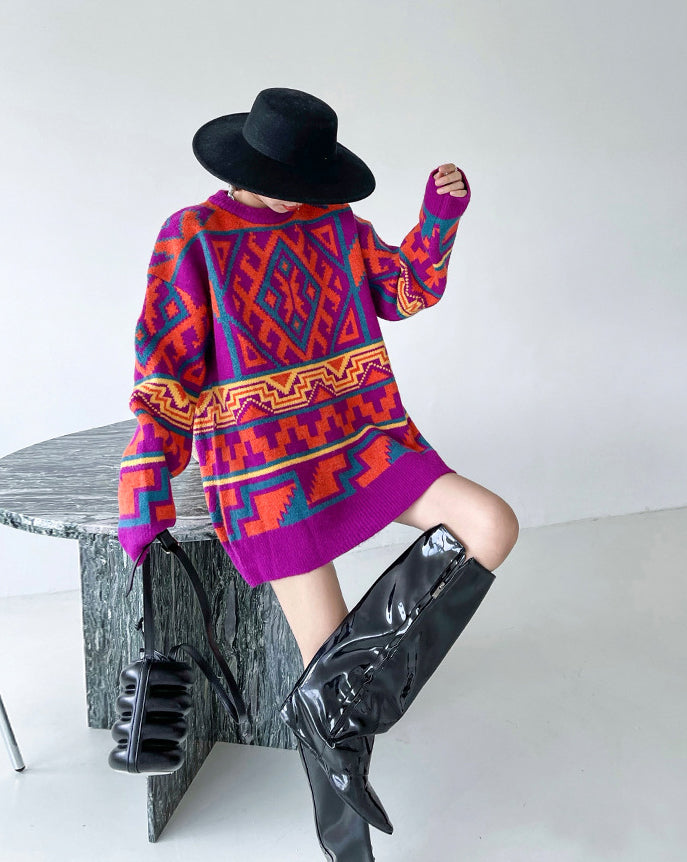 Ethnic Style Loose Geometric Jacquard Sweater