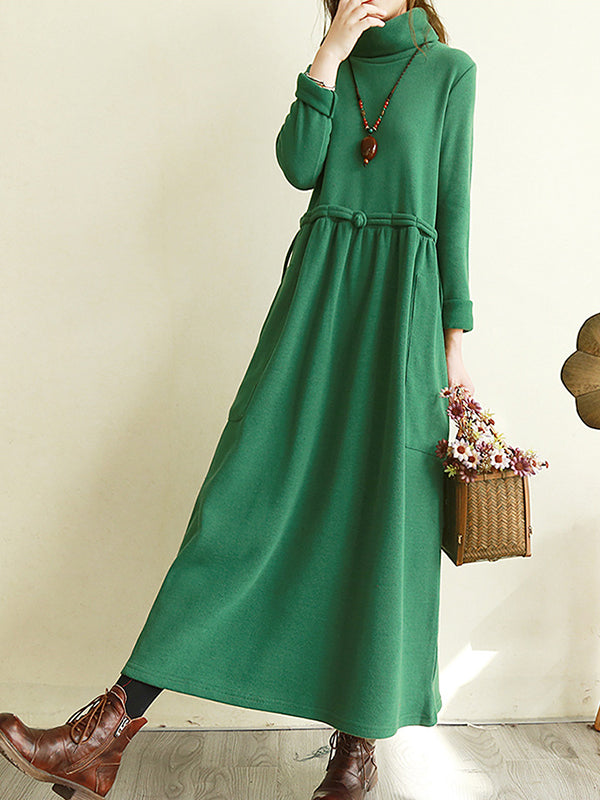 Long Sleeves Solide High Neck Maxi Dress