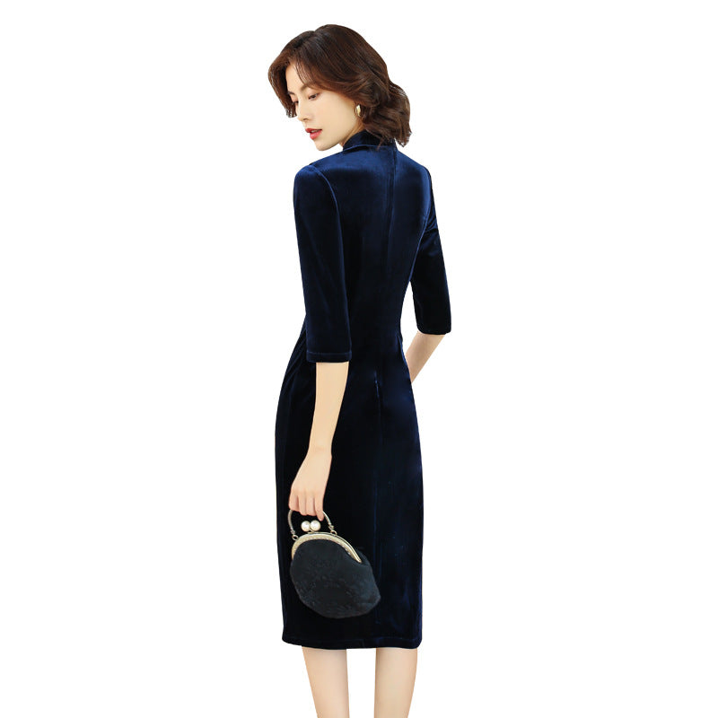 Vintage Stand Up Collar Black Seven Part Sleeve Cheongsam Maxi Dress