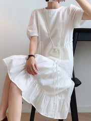 White Drawstring Pleated Puff Sleeve Dress