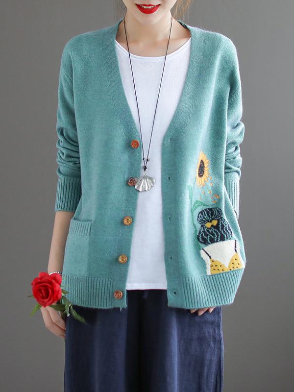 Vintage Printed Kniting Loose Sweater Outwear