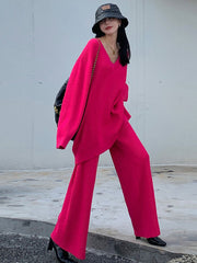 Casual Long Sleeves Pure Color V-Neck Sweater Top&Wide Leg Pants Two Pieces Set