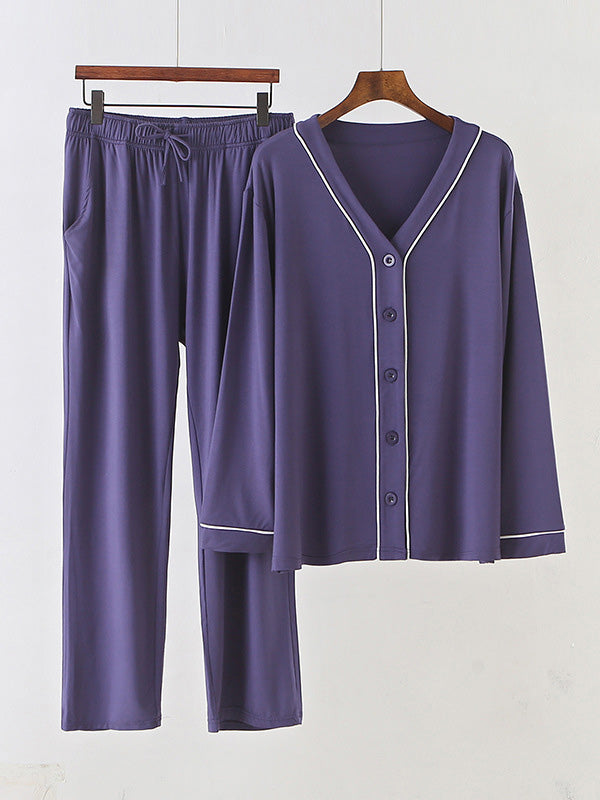 Two Pieces Solid Color Loose Comfort Tops And Pants Pajamas