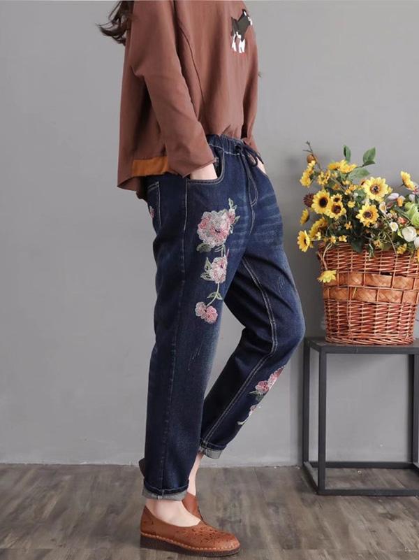 National Flower Embroidered Retro Harem Pants