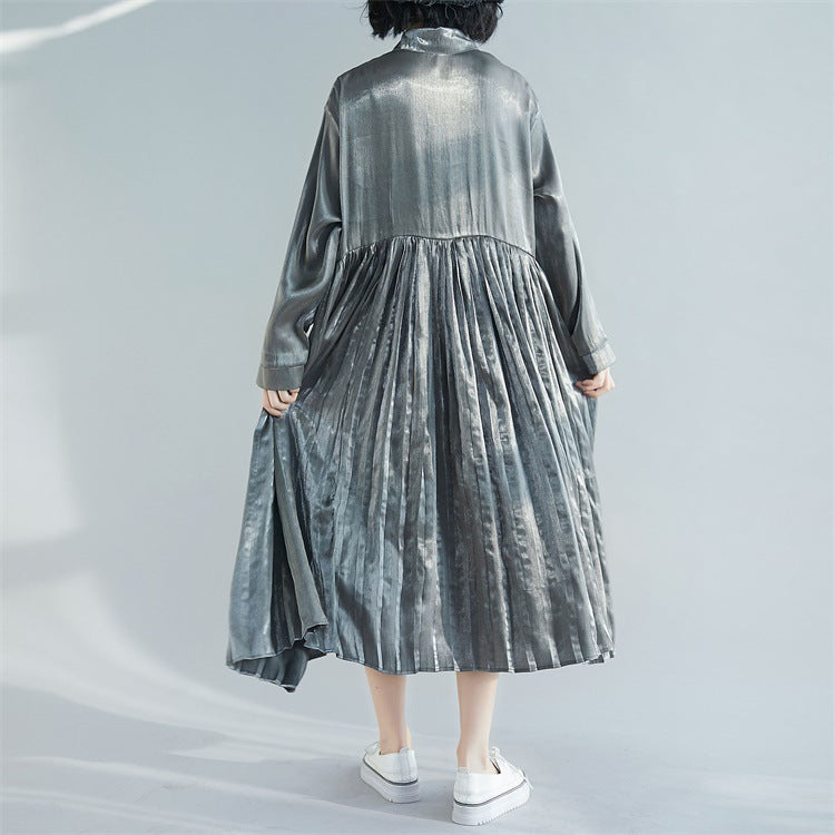 Lapel Solid Pleated Midi Dress