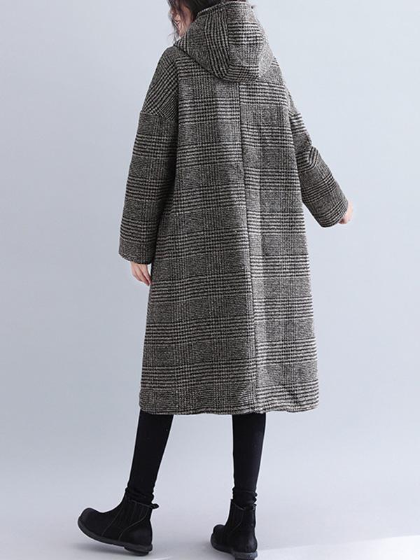 Loose Plaid Woolen Hood Coat