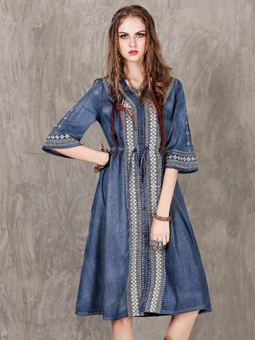 Vintage Oversize Embroidery Denim Dress