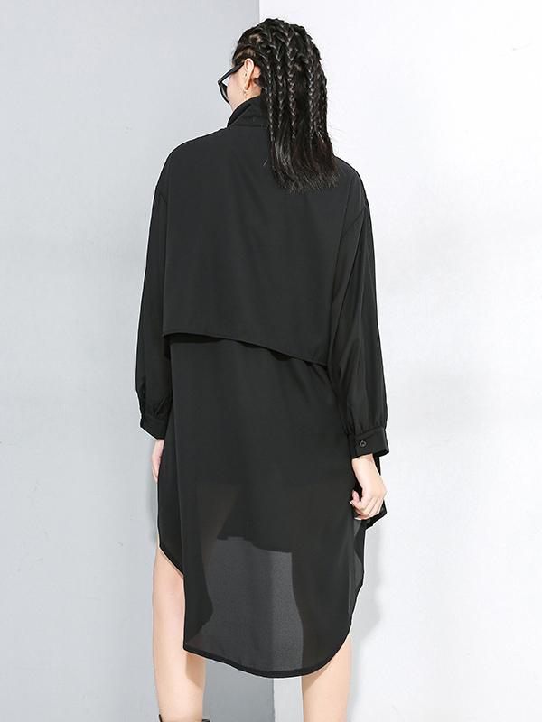 Black Cropped Splicing Lapel Long Shirt