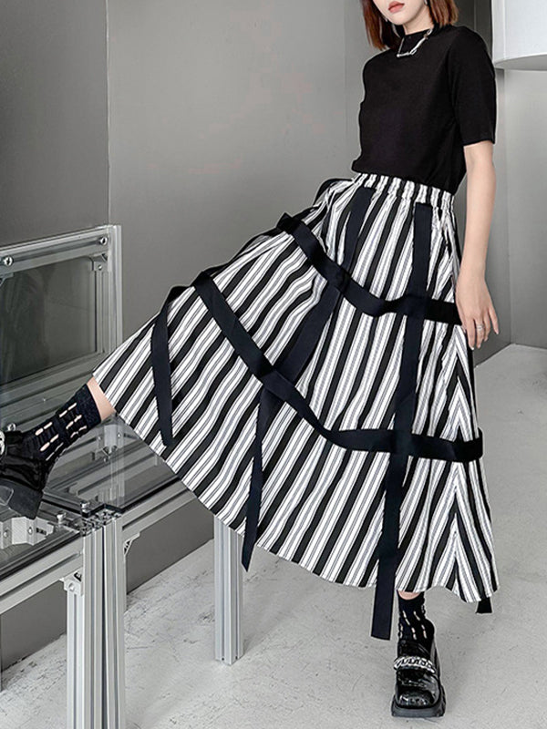 A-Line Roomy Striped Elasticity Split-Joint Streamer Skirts Bottoms