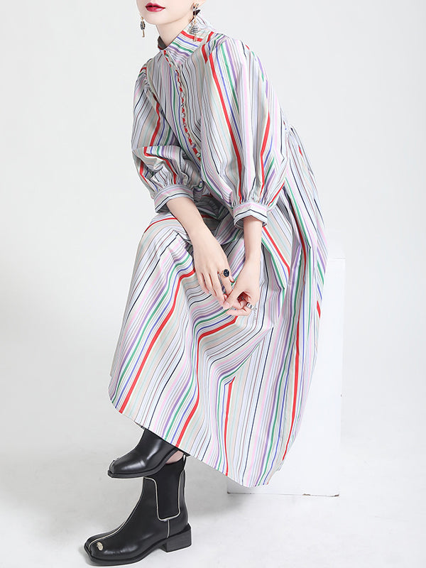 Women Japanese Retro Color Matching Striped Puff Sleeve Dress