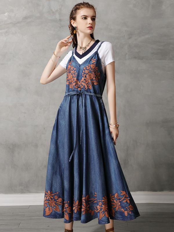 Vintage Embroidery Braces Dress