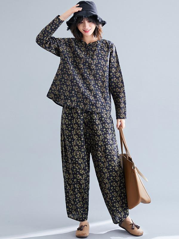 Loose Retro Floral Printed Blouses and Pants Suits