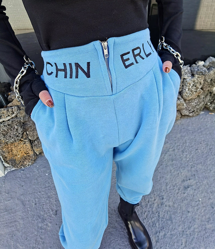 High Waist Embroidered Letter Zipper Pants