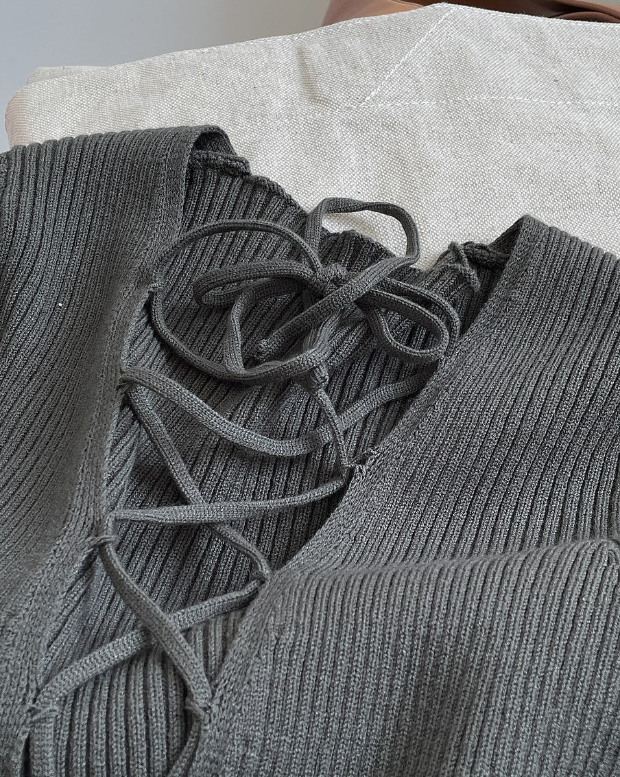 Cross Lacing V-Neck Knitted Long Sleeves T-Shirt