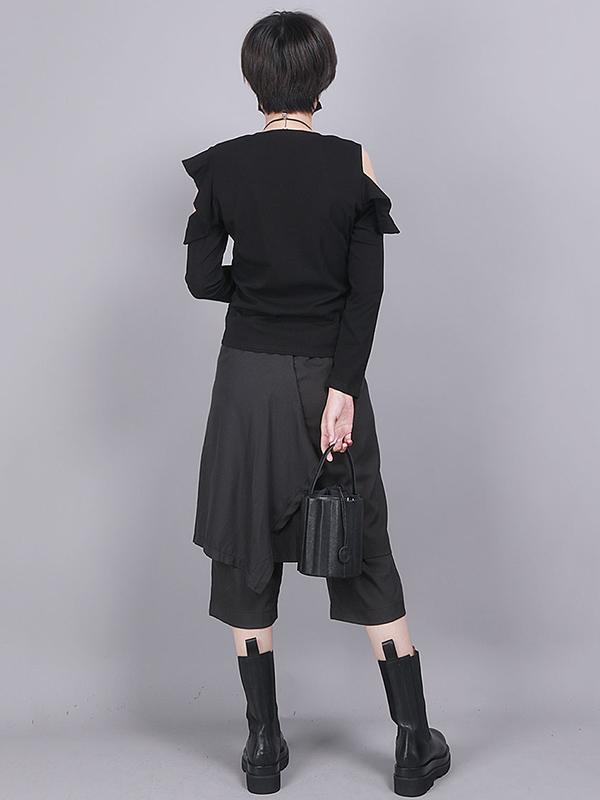 Loose Black False Two Cropped Culottes Pants