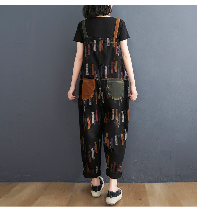 Retro Print Loose Big Pocket SuspendersCcasual Pants