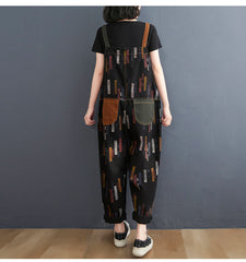 Retro Print Loose Big Pocket SuspendersCcasual Pants